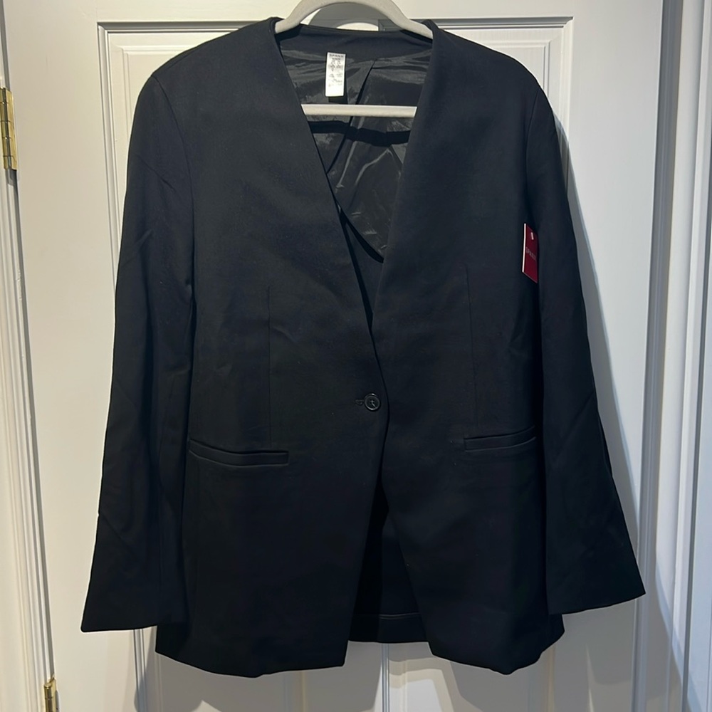 Spanx Perfect Collarless Ponte Blazer Sz Medium Stretch Oversized Black Office